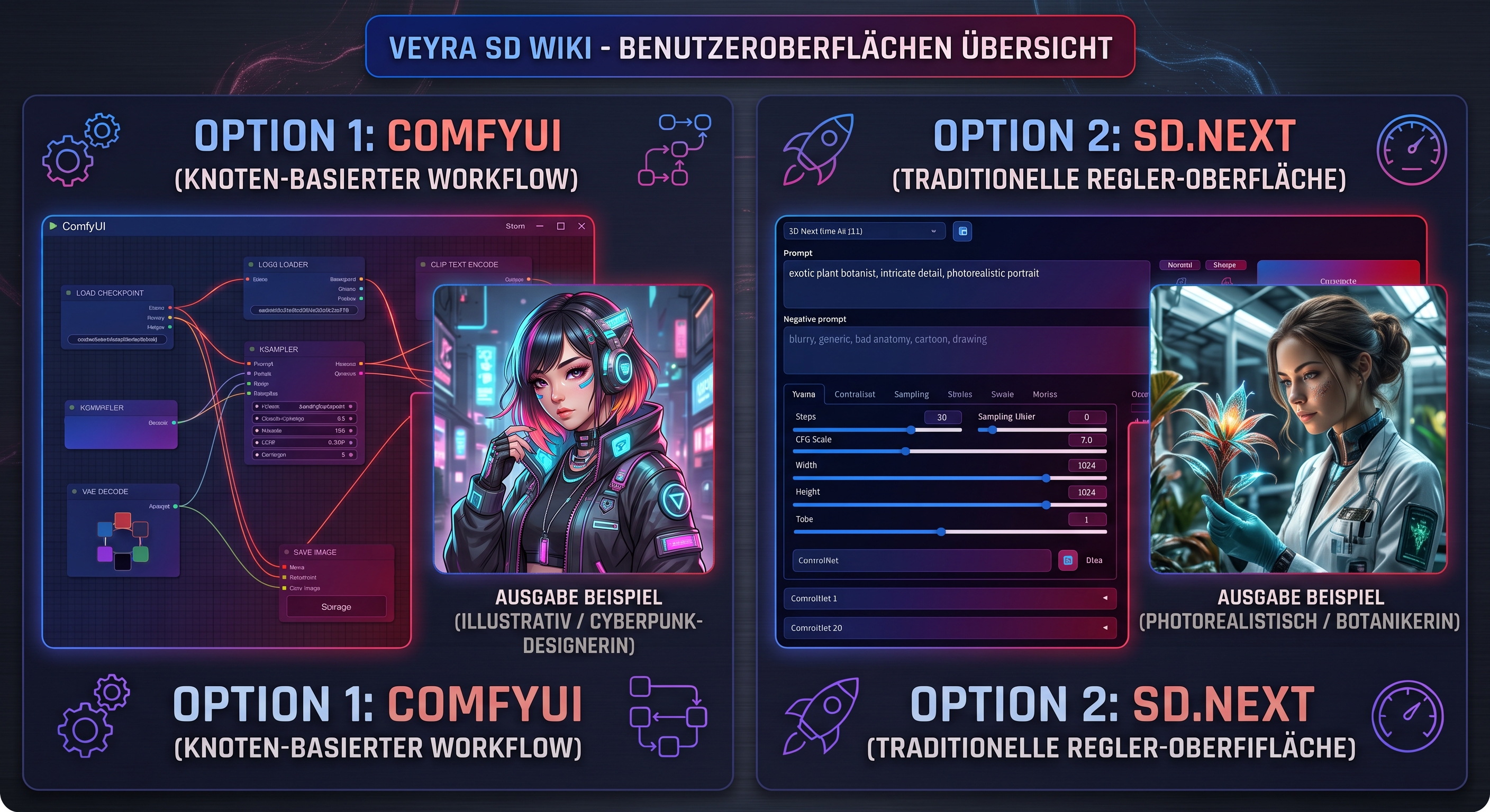 Vergleich: ComfyUI (Knoten-Workflow) vs SD.Next (Regler-Oberfläche)